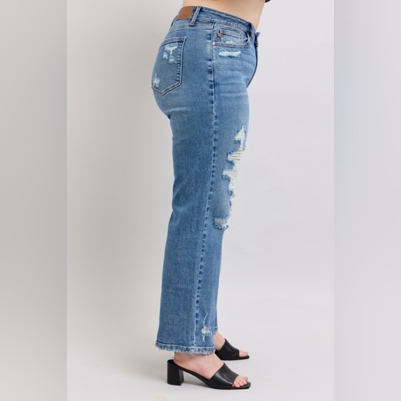 Judy Blue High-Rise Distressed Straight Leg Torn Hole Slim Fit Jeans Denim Pants - Picture 4 of 15